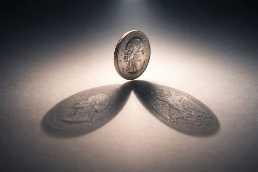 A high-concept illustration of a spinning coin frozen mid-spin above a flat surface, casting two shadows — one showing heads, one showing tails. Soft dramatic lighting from above. Minimal, clean background. Metaphor for quantum superposition. Photorealistic or semi-stylised. No text.