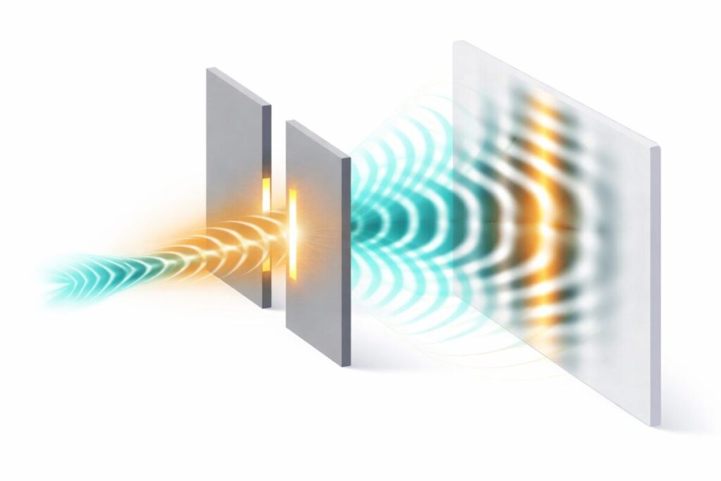 A clean physics-textbook style diagram illustration of the double-slit experiment: a beam of light passing through two narrow slits and forming alternating bright and dark interference bands on a screen behind. Shown as a top-down 2D flat illustration in teal and amber on a white background. Minimalist, editorial. No text labels needed.