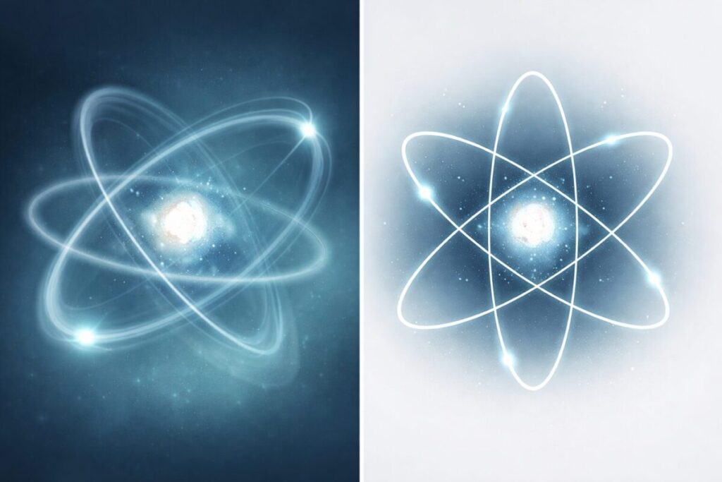 A split-image concept illustration: left half shows a blurred motion sequence of an electron orbiting a nucleus in dynamic motion (representing time-dependent change); right half shows a sharp, frozen, perfectly structured atomic orbital diagram (representing time-independent stability). Clean scientific illustration style. Muted indigo and teal palette. No text.