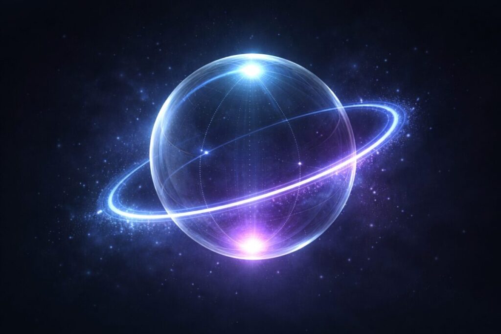 A futuristic illustration of a glowing qubit — a translucent sphere with two simultaneous glowing points at opposite poles (representing 0 and 1), connected by a shimmering orbital ring. Deep navy background with electric blue and purple light accents. Conceptual tech-art style. No text.