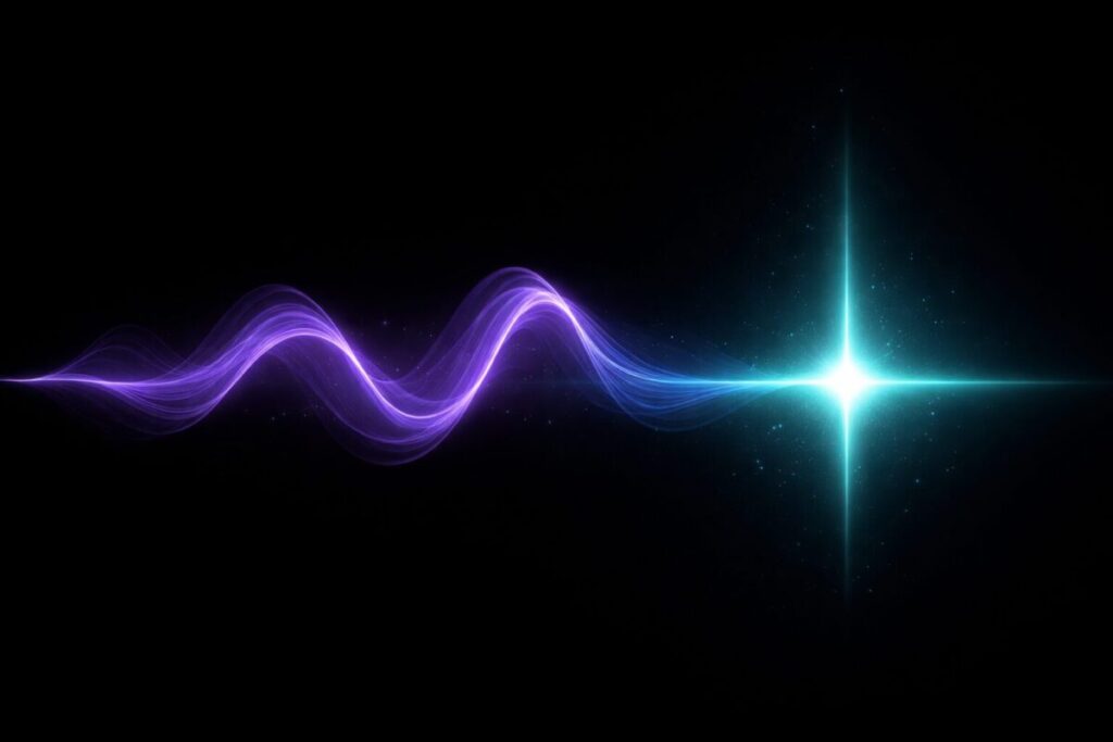 A smooth glowing sine wave transforming and collapsing into a single sharp vertical spike. The wave starts broad and undulating in purple and violet hues on the left, and sharply collapses into one bright teal point on the right. Dark background, physics diagram aesthetic, neon glow effect, no text, ultra clean.