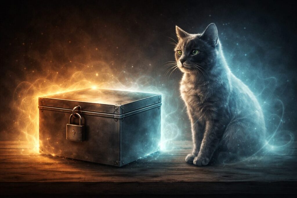 A stylised illustration of a sealed steel box on a wooden surface, with a soft glowing aura around it suggesting quantum uncertainty. Beside it, a ghostly semi-transparent cat — one half fully visible and alive, one half fading into translucency — sitting calmly. Warm amber and cool teal lighting contrast. Editorial, slightly surreal art style. No text.
