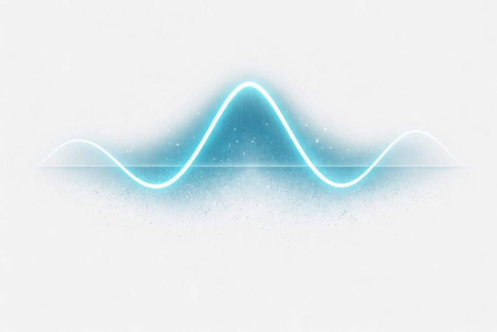 A clean, minimalist scientific illustration of a probability wave function — a smooth sine-like curve glowing in teal-blue against a white or very light grey background. Below the wave, a dotted probability distribution cloud showing where a particle might be found. Flat design, textbook-editorial style. No text or labels.