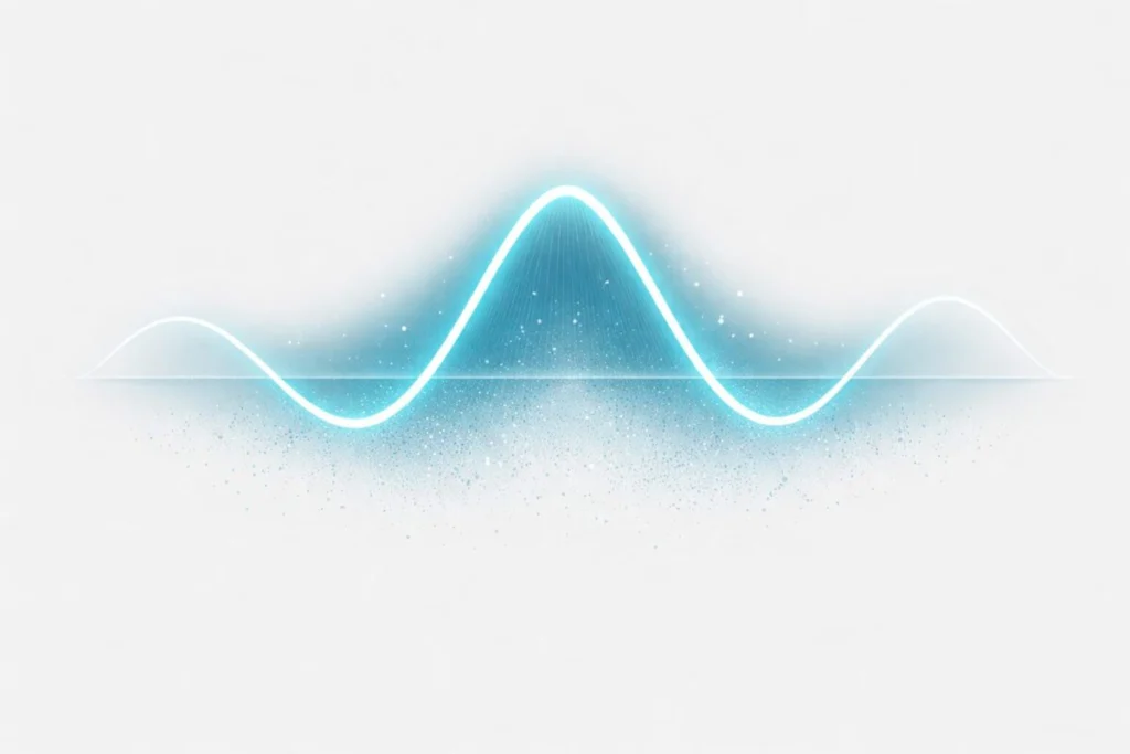 A clean, minimalist scientific illustration of a probability wave function — a smooth sine-like curve glowing in teal-blue against a white or very light grey background. Below the wave, a dotted probability distribution cloud showing where a particle might be found. Flat design, textbook-editorial style. No text or labels.