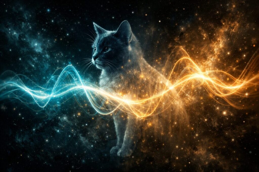 A dramatic cinematic illustration of a glowing quantum wave rippling through deep space, overlaid with the faint silhouette of a cat, half transparent, half solid, symbolising superposition. Dark background with soft teal and amber light trails. Conceptual, editorial style. No text. Quantum Learny