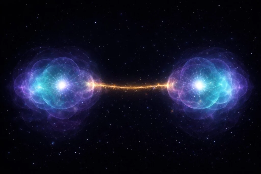 Two glowing quantum particles connected by a shimmering golden thread of light across deep space. Both particles pulse with mirrored wave patterns in violet and teal. The background is a star-flecked dark navy void. Cinematic sci-fi visualization, photorealistic, no text, symmetrical composition.
