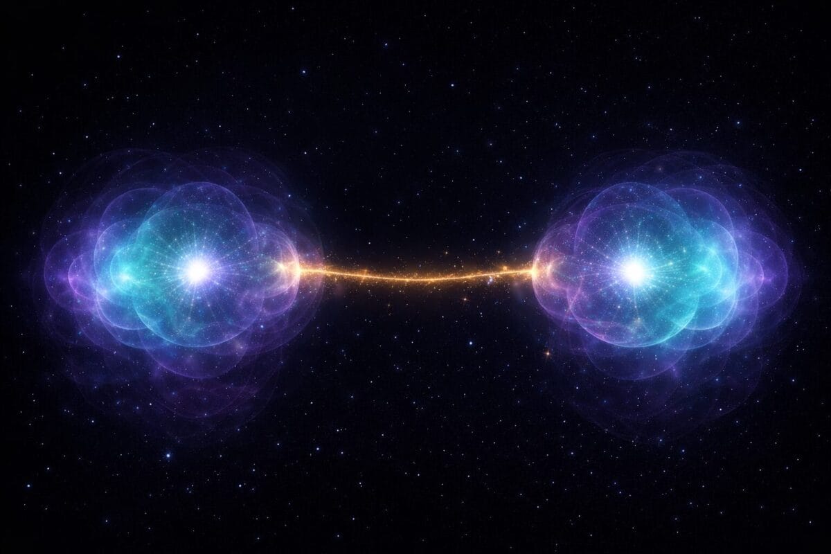 Two glowing quantum particles connected by a shimmering golden thread of light across deep space. Both particles pulse with mirrored wave patterns in violet and teal. The background is a star-flecked dark navy void. Cinematic sci-fi visualization, photorealistic, no text, symmetrical composition.