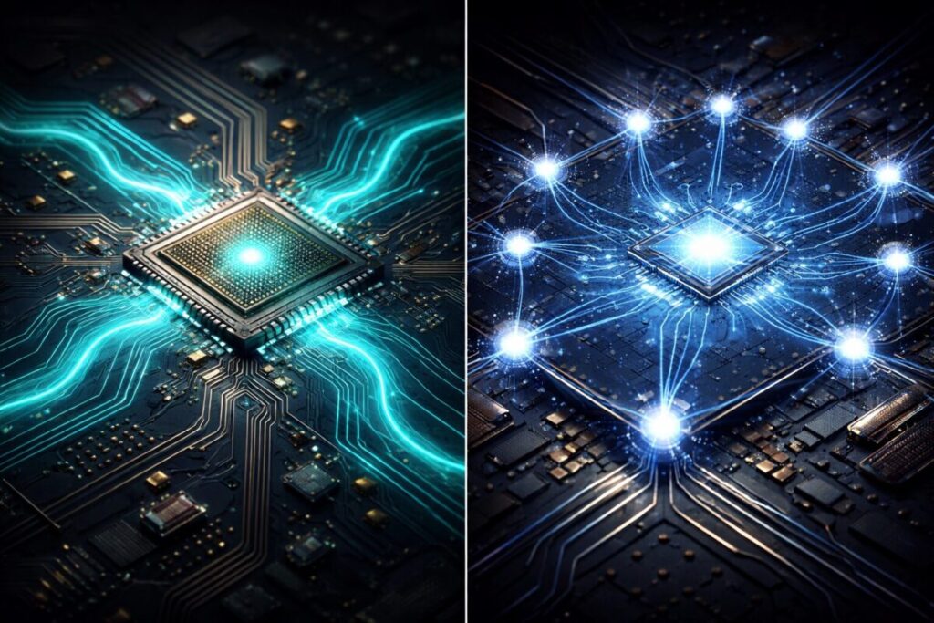 A split-panel illustration: left panel shows a glowing silicon microchip with electron flow paths visualized in teal light trails; right panel shows a quantum computer chip glowing in cool blue and white with qubit nodes connected by pulsing light lines. Dark background, clean tech aesthetic, photorealistic render, no text.