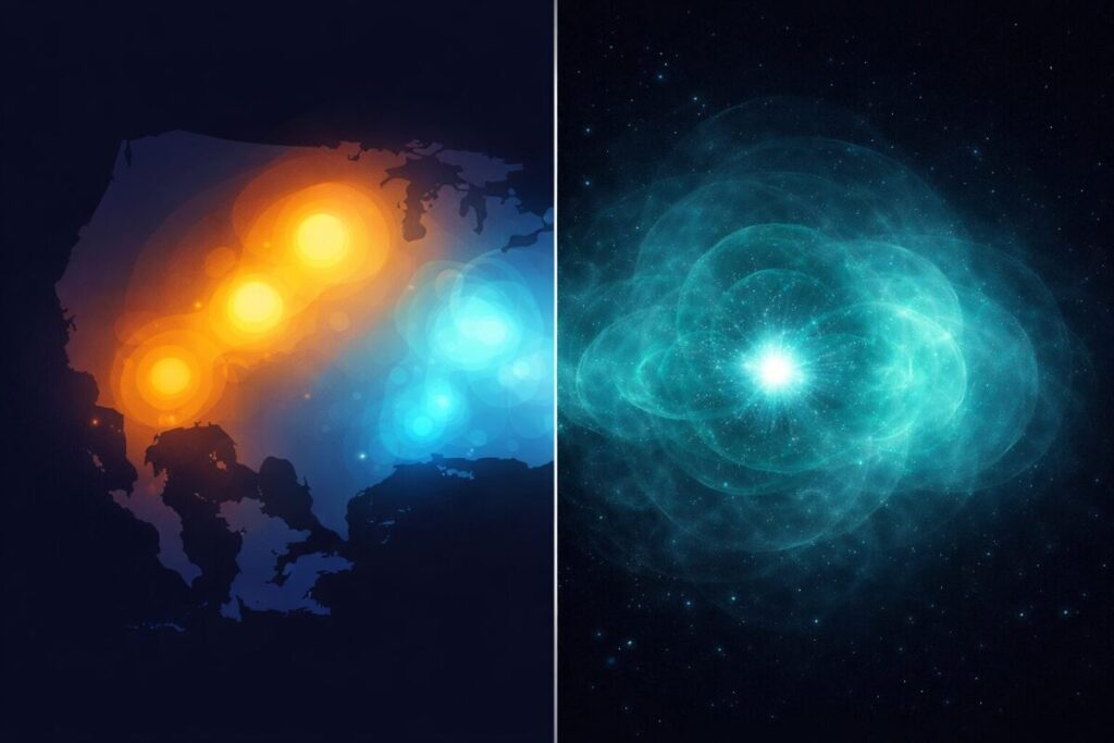 left side shows a classical weather probability map with soft glowing regions in warm amber and cool blue, right side shows a quantum particle probability wave spreading across space in teal gradients. Clean infographic illustration style, flat design, no text labels, soft glow, dark background.
