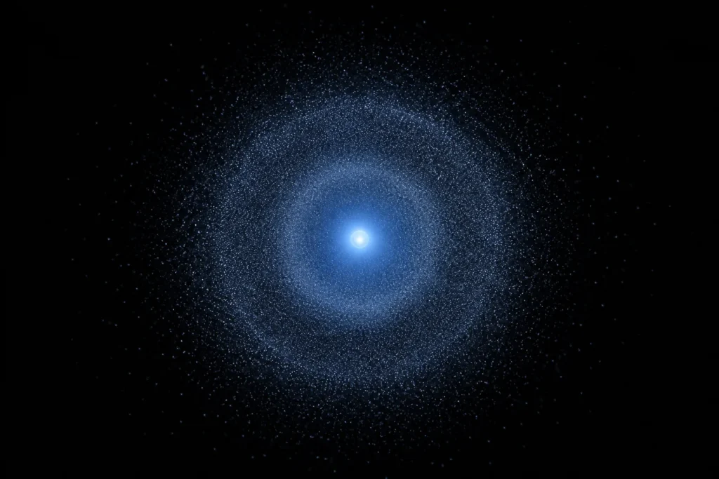 A single glowing electron depicted as a soft blue-white sphere suspended in a dark quantum void, surrounded by a translucent probability cloud that fades outward in concentric rings of light — the cloud is densest at the centre and dissolves into scattered dots at the edges, representing uncertainty of position, no text, no labels, cinematic lighting, photorealistic style