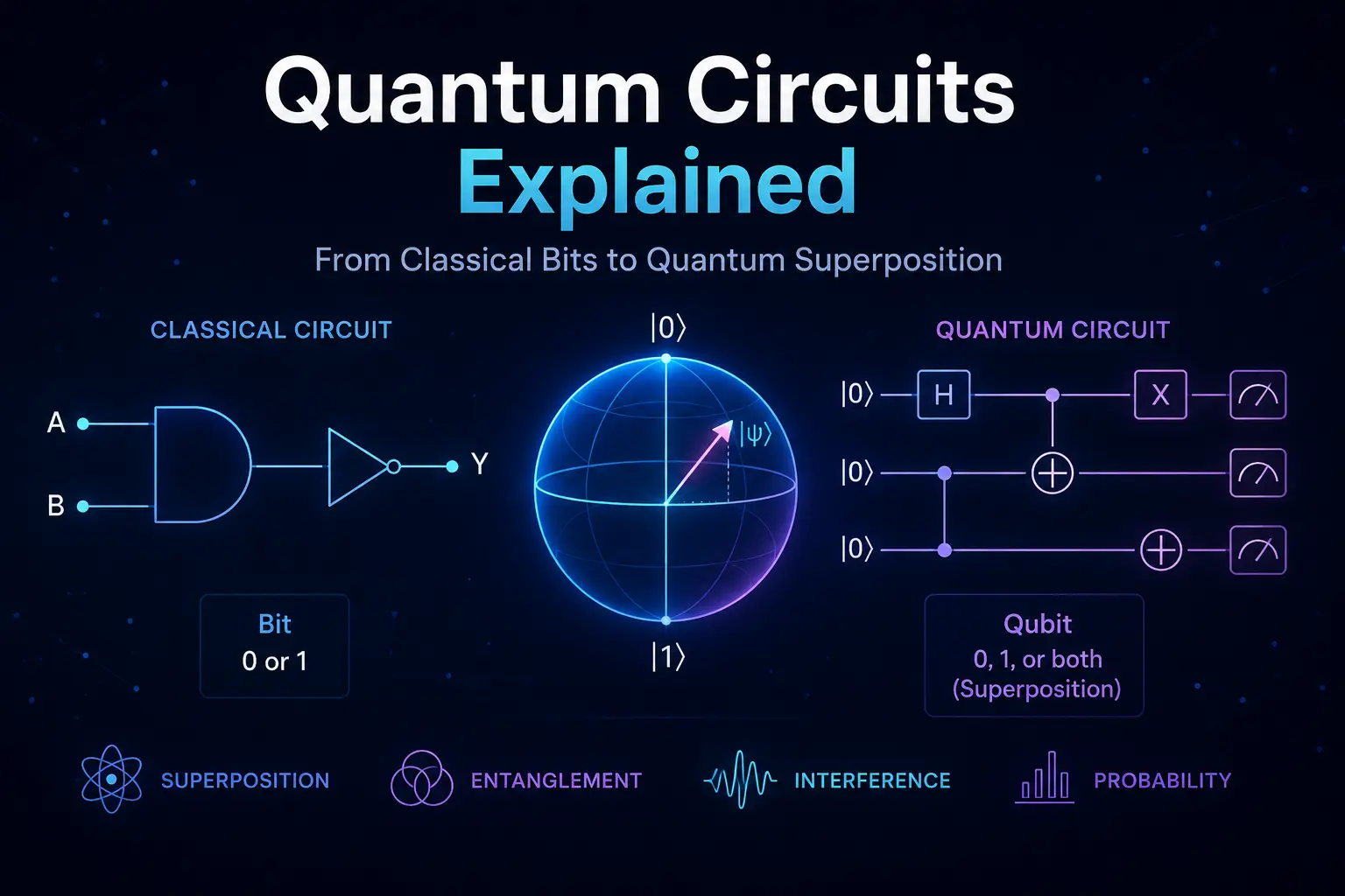 Quantum circuits explained infographic comparing classical circuits and quantum circuits with a glowing Bloch sphere, quantum gate diagrams, superposition, entanglement, interference, and probability concepts on a futuristic dark blue background.