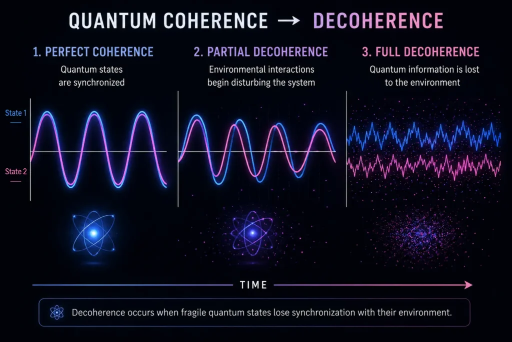 Two sine waves perfectly in sync → then gradually drifting out of phase → final random noise. Illustrates the progression from quantum coherence to full decoherence.