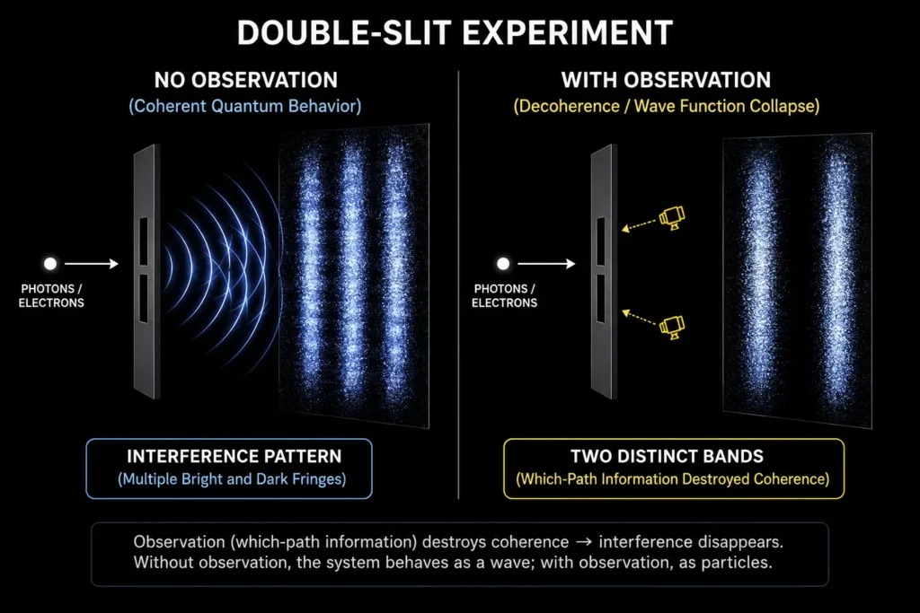Double-Slit ExperimentLeft panel: interference pattern (coherent quantum behavior). Right panel: two distinct bands (decoherence after observation). Simple, high-contrast visual.