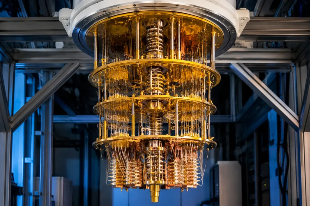 Quantum Computer Cooling SystemA dilution refrigerator used in IBM or Google quantum systems — the chandelier-like structure with golden layers. Stunning visual that readers recognize from news coverage.