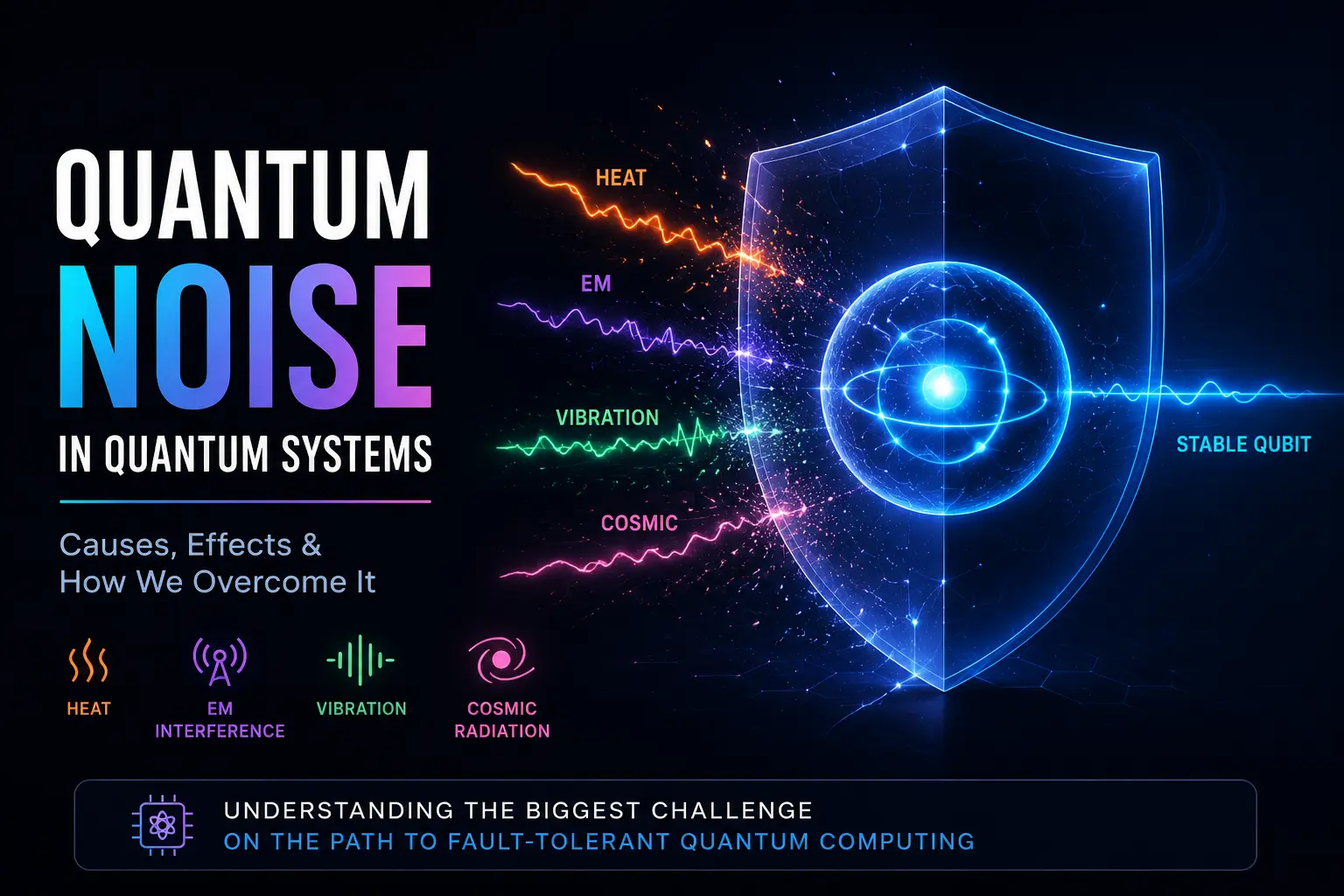 Futuristic quantum noise infographic showing a stable qubit protected by a glowing shield against heat, electromagnetic interference, vibration, and cosmic radiation in quantum systems.