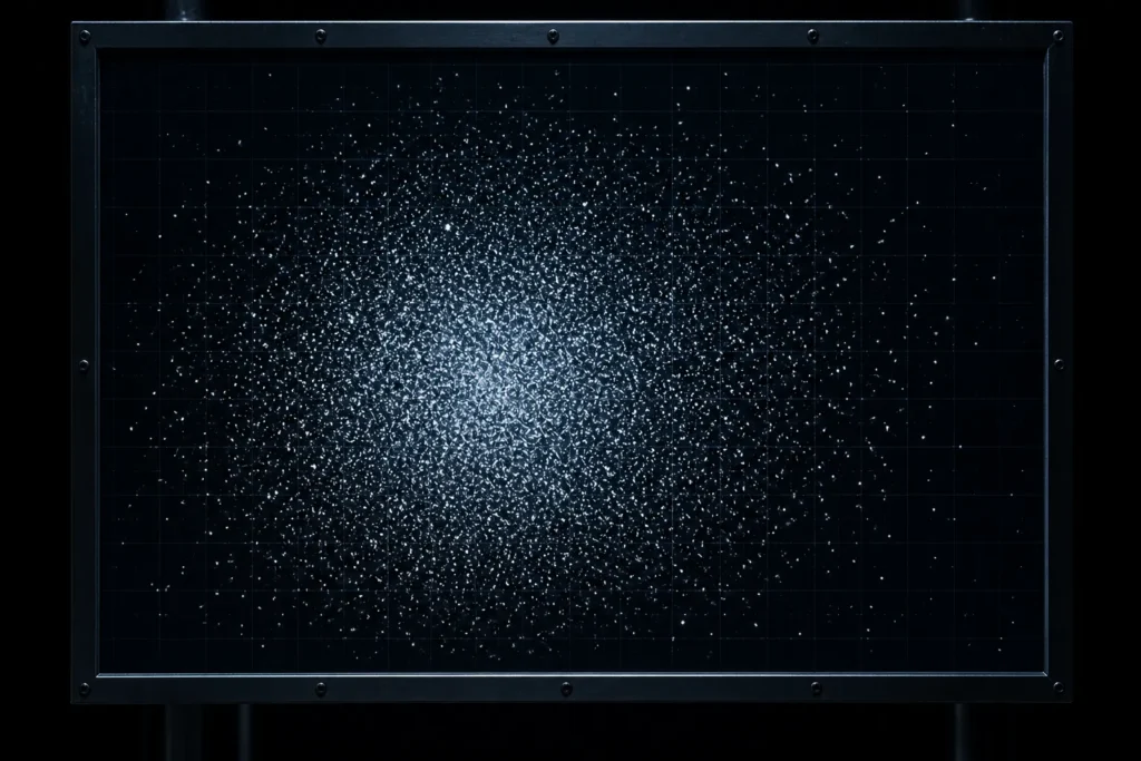 single detector screen filled with hundreds of tiny glowing impact dots left by electrons, the dots densely clustered in the centre-left region of the screen and growing progressively sparser toward the edges, the overall pattern of dots forming a smooth bell-shaped density distribution that visually matches a Born Rule probability prediction, dark detector background with faint grid lines, photorealistic experimental physics style, no text