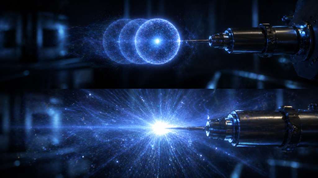 A quantum particle shown as overlapping multiple ghostly copies of itself in different positions, merging into a single bright point the moment a detector touches it.