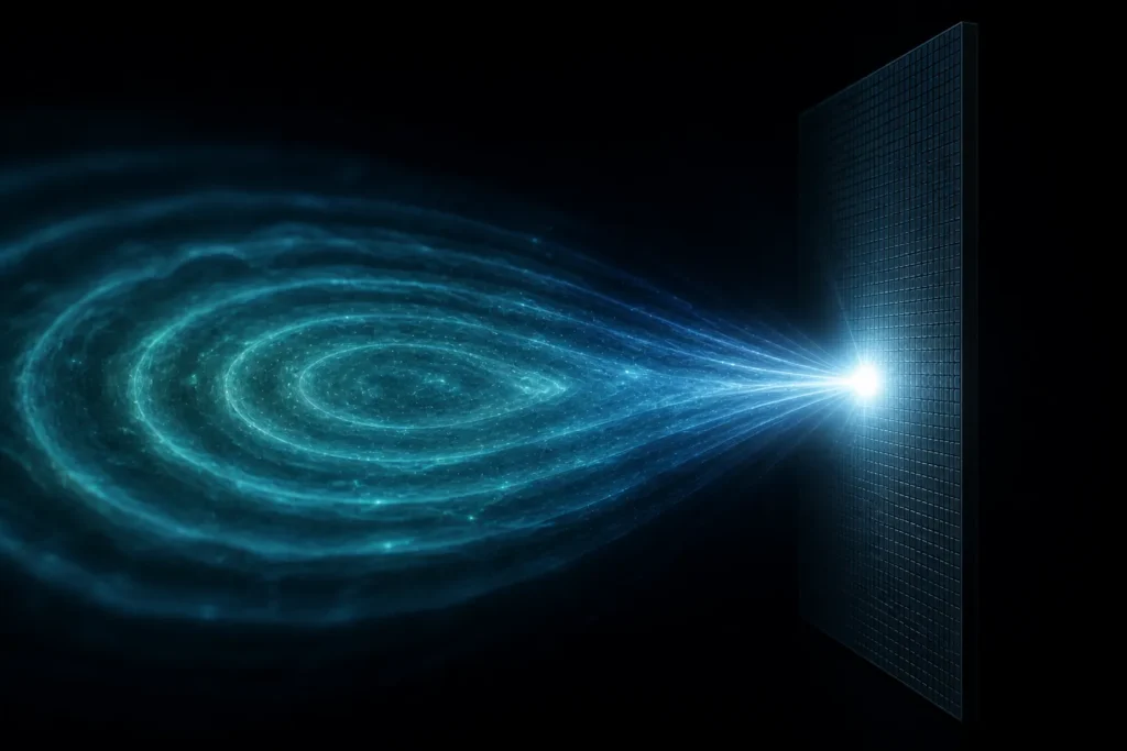 A single billiard ball on the left side of the frame rolling along a perfectly straight glowing white trajectory line on a dark surface, while on the right side of the same frame the trajectory dissolves into a spreading fan of dozens of faint dotted paths branching outward like a delta river, representing the contrast between classical certainty and quantum probability, seamless visual transition between both sides, no labels, dramatic lighting, conceptual illustration style