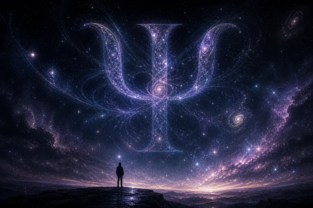 A single human silhouette standing at the edge of a vast dark universe, looking upward at an enormous translucent wave function ψ symbol formed from swirling galaxies and quantum interference patterns in the sky above, representing humanity's search to understand the probabilistic nature of reality, deep space background, awe-inspiring cosmic art style, no text, cinematic wide-angle composition