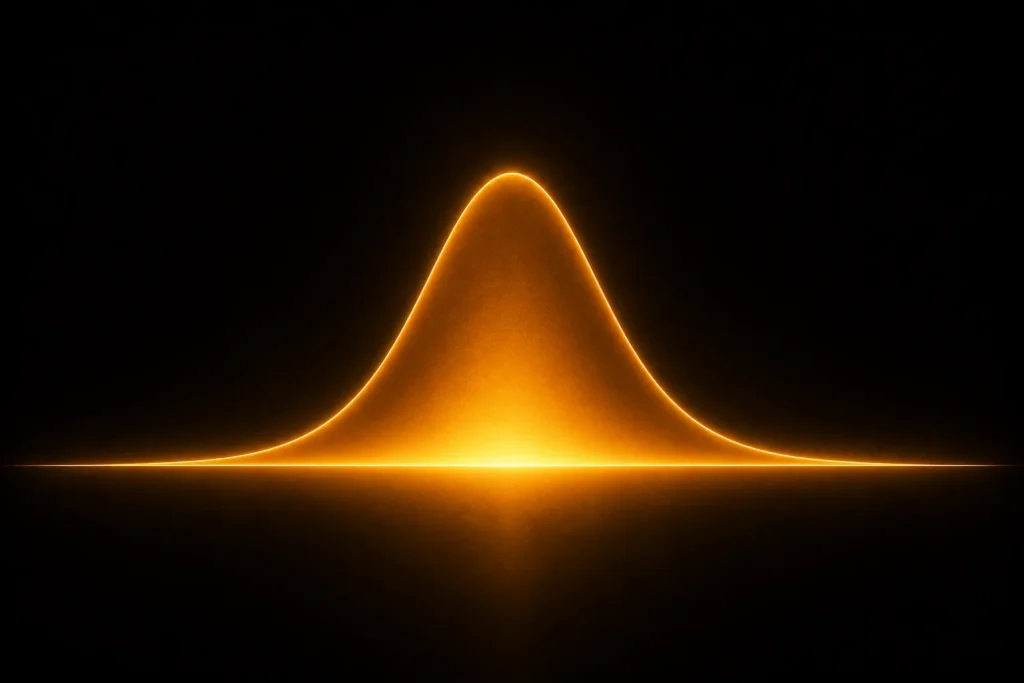 A single continuous probability density curve rendered as a warm orange-gold gradient bell-shaped distribution hovering above a horizontal axis, the area under the curve glowing brightest where probability is highest and fading to near-zero at the edges, the curve itself appears as a smooth luminous ribbon of light on a dark background, no equations, no text, minimalist scientific visualisation style
