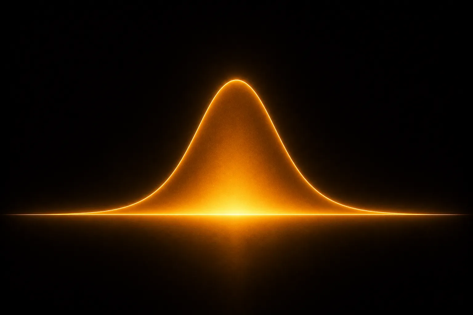 A single continuous probability density curve rendered as a warm orange-gold gradient bell-shaped distribution hovering above a horizontal axis, the area under the curve glowing brightest where probability is highest and fading to near-zero at the edges, the curve itself appears as a smooth luminous ribbon of light on a dark background, no equations, no text, minimalist scientific visualisation style