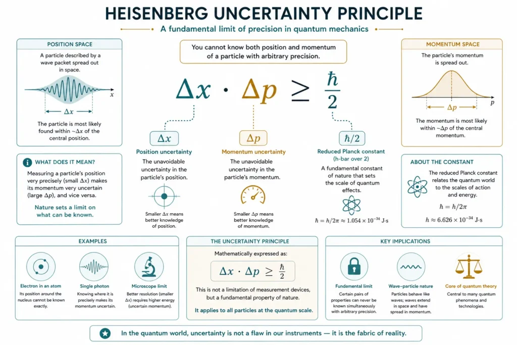 Educational diagram of the Heisenberg uncertainty formula Δx Δp ≥ ħ/2 with labeled terms for beginners