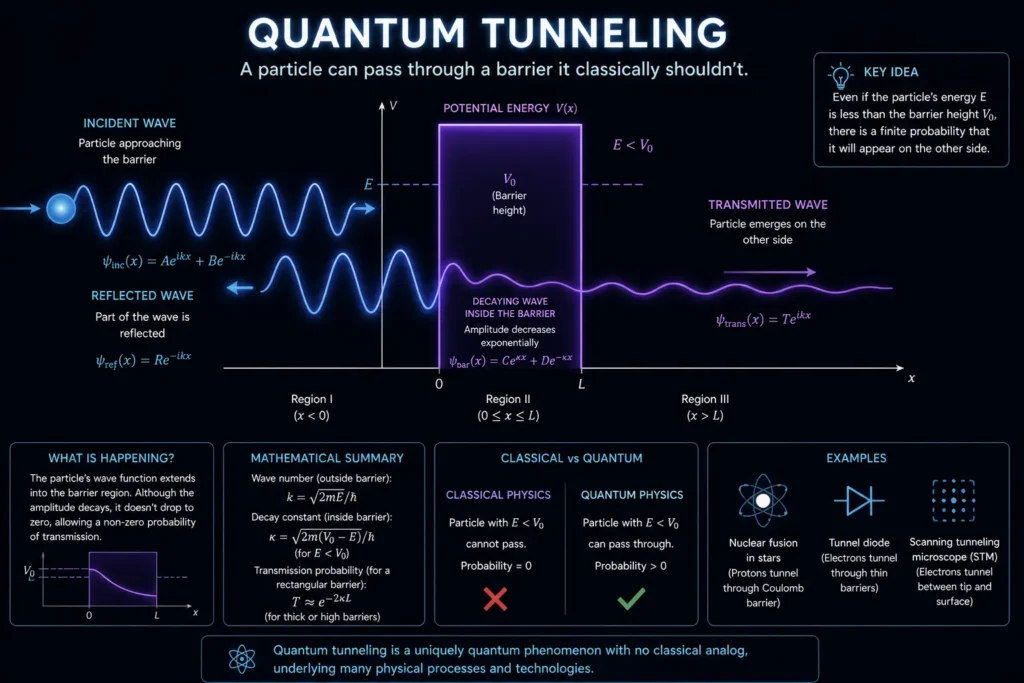 Quantum tunneling illustration showing wave function passing through a barrier, a real-life example of Heisenberg uncertainty principle
