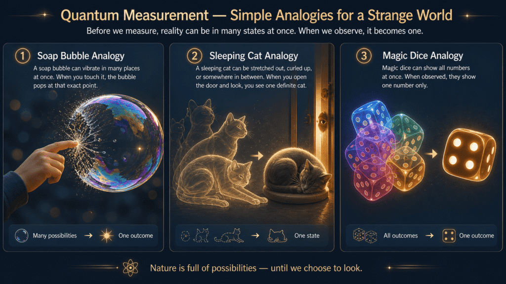 A three-panel illustration showing a soap bubble popping on touch, a cat in multiple sleeping postures collapsing to one on observation, and glowing quantum dice showing all faces then freezing to one.