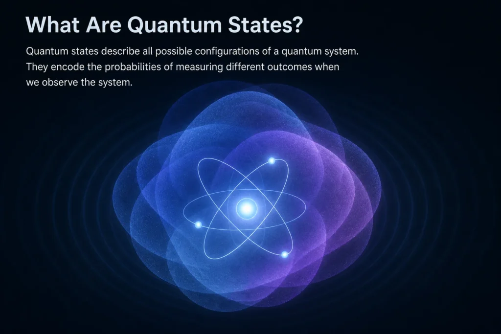 Diagram showing a quantum state as overlapping probability clouds around an atom representing superposition