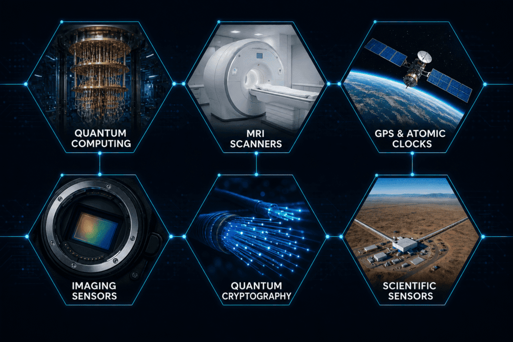 A visual collage showing six quantum measurement applications: quantum computer chip, MRI scanner, GPS satellite, camera sensor, fibre optic cable, and gravitational wave detector.