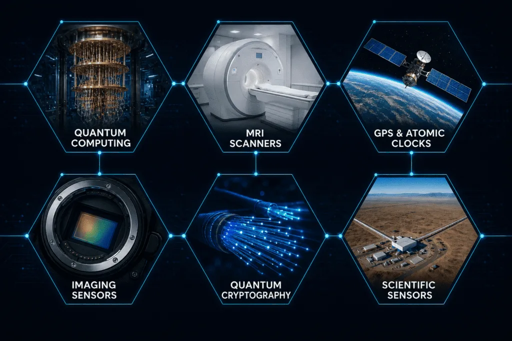 A visual collage showing six quantum measurement applications: quantum computer chip, MRI scanner, GPS satellite, camera sensor, fibre optic cable, and gravitational wave detector.
