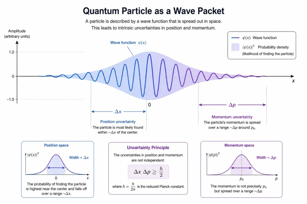 Diagram showing Heisenberg uncertainty principle with position and momentum uncertainty labeled on a quantum wave packet