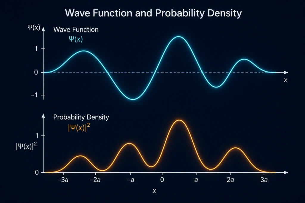 Wave function Psi graph showing probability density curve illustrating how quantum states are mathematically represented