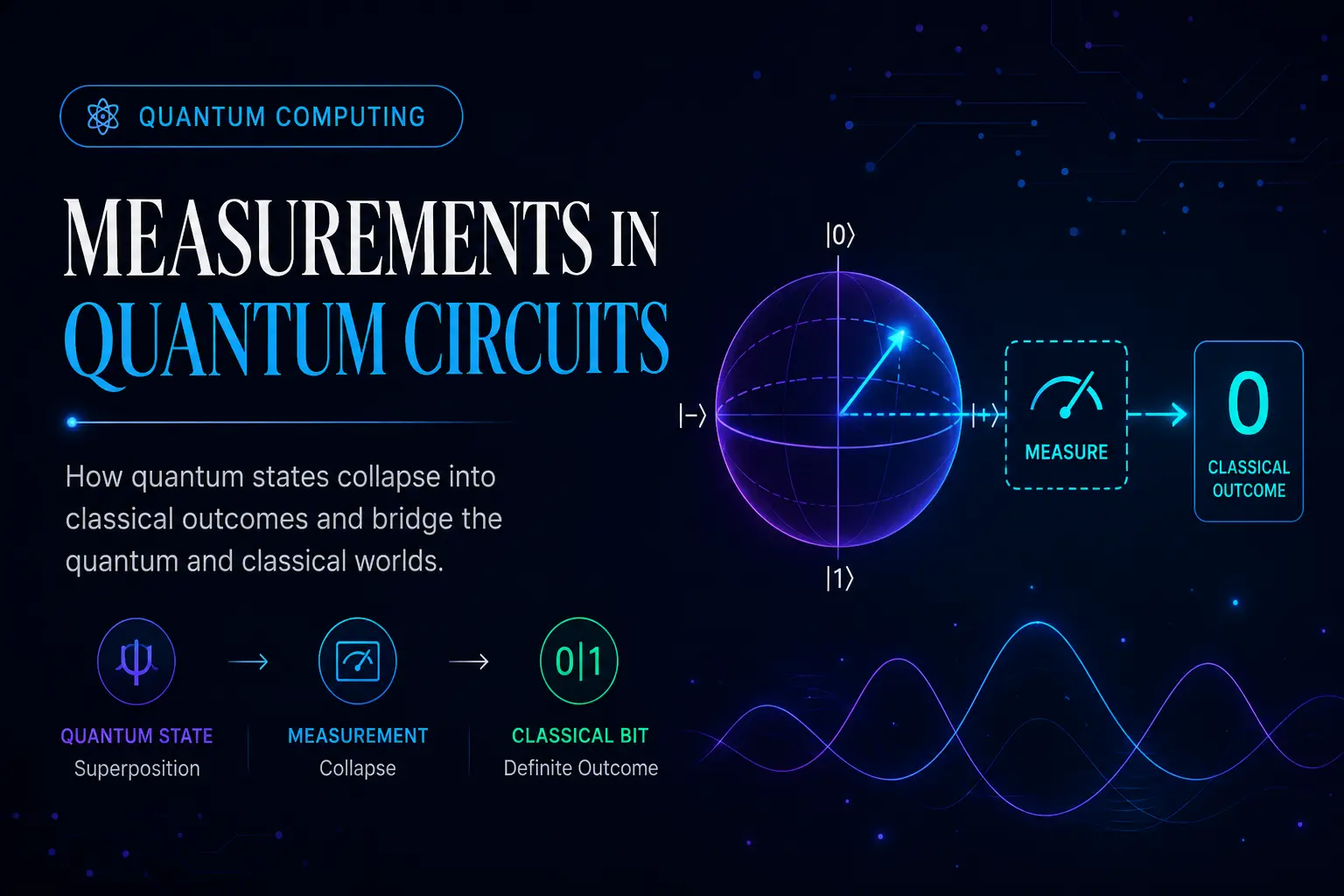 Measurements in Quantum Circuits infographic showing a quantum state on a Bloch sphere transitioning through a measurement process into a classical bit. The futuristic quantum computing illustration explains wave function collapse, superposition, qubit measurement, and the conversion of quantum information into classical outcomes, with neon blue and purple circuit-inspired visuals.