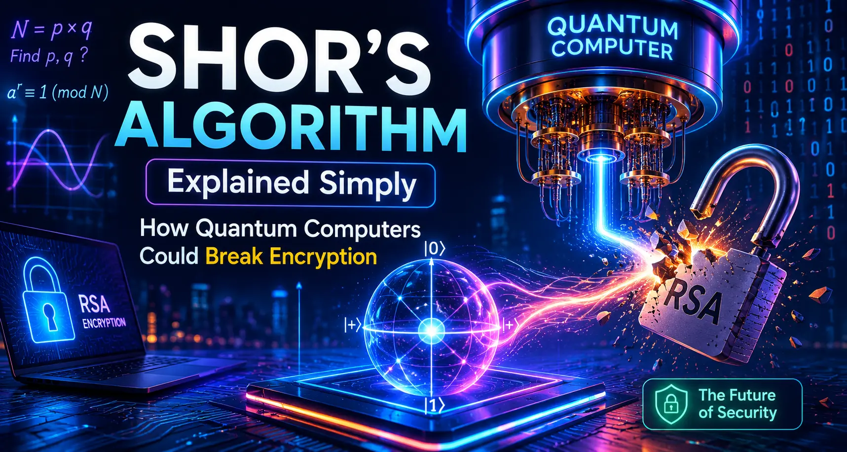 Quantum Learny featured image showing Shor's Algorithm, a futuristic quantum computer, glowing quantum circuits, and a broken RSA encryption lock illustrating how quantum computing could impact modern cybersecurity and encryption.