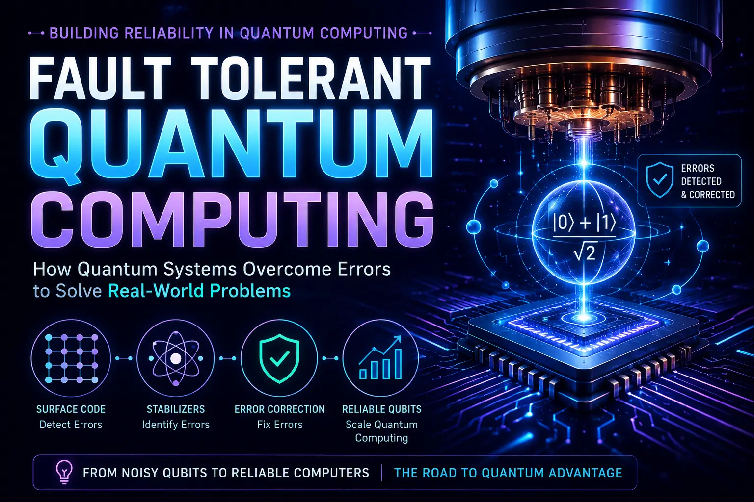 "Futuristic illustration of a fault-tolerant quantum computer showing quantum error correction, logical qubits, stabilizers, and a quantum processor solving errors for reliable quantum computing."