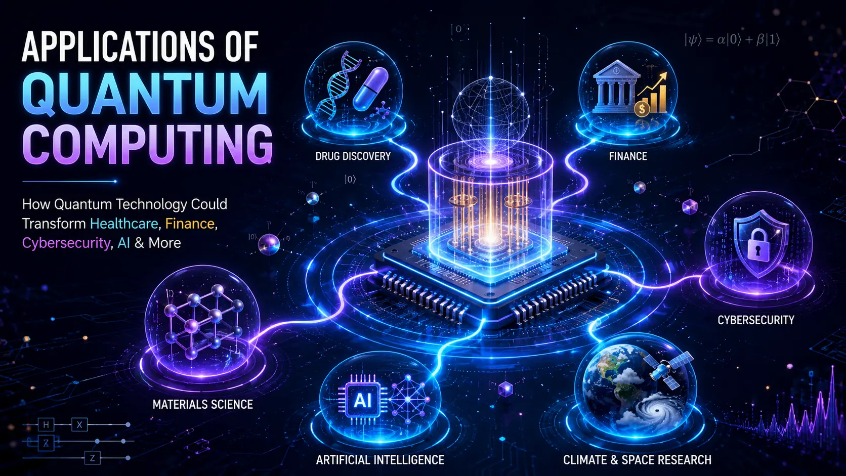 Applications of Quantum Computing infographic showing healthcare, finance, AI, cybersecurity, climate research, and materials science.
