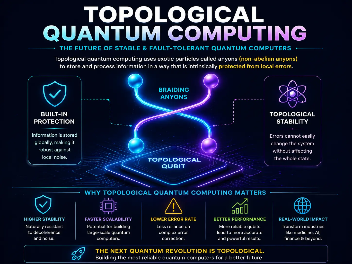 Topological Quantum Computing infographic showing anyon braiding around a topological qubit, built-in error protection, fault-tolerant quantum computing, topological stability, lower error rates, higher scalability, and real-world applications in AI, medicine, finance, logistics, chemistry, and security.