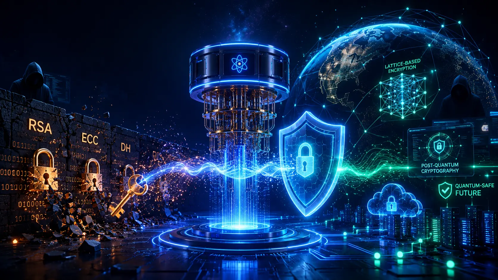 Futuristic illustration of quantum computing in cybersecurity showing a quantum computer protecting encrypted global networks with post-quantum cryptography while traditional RSA encryption is broken.