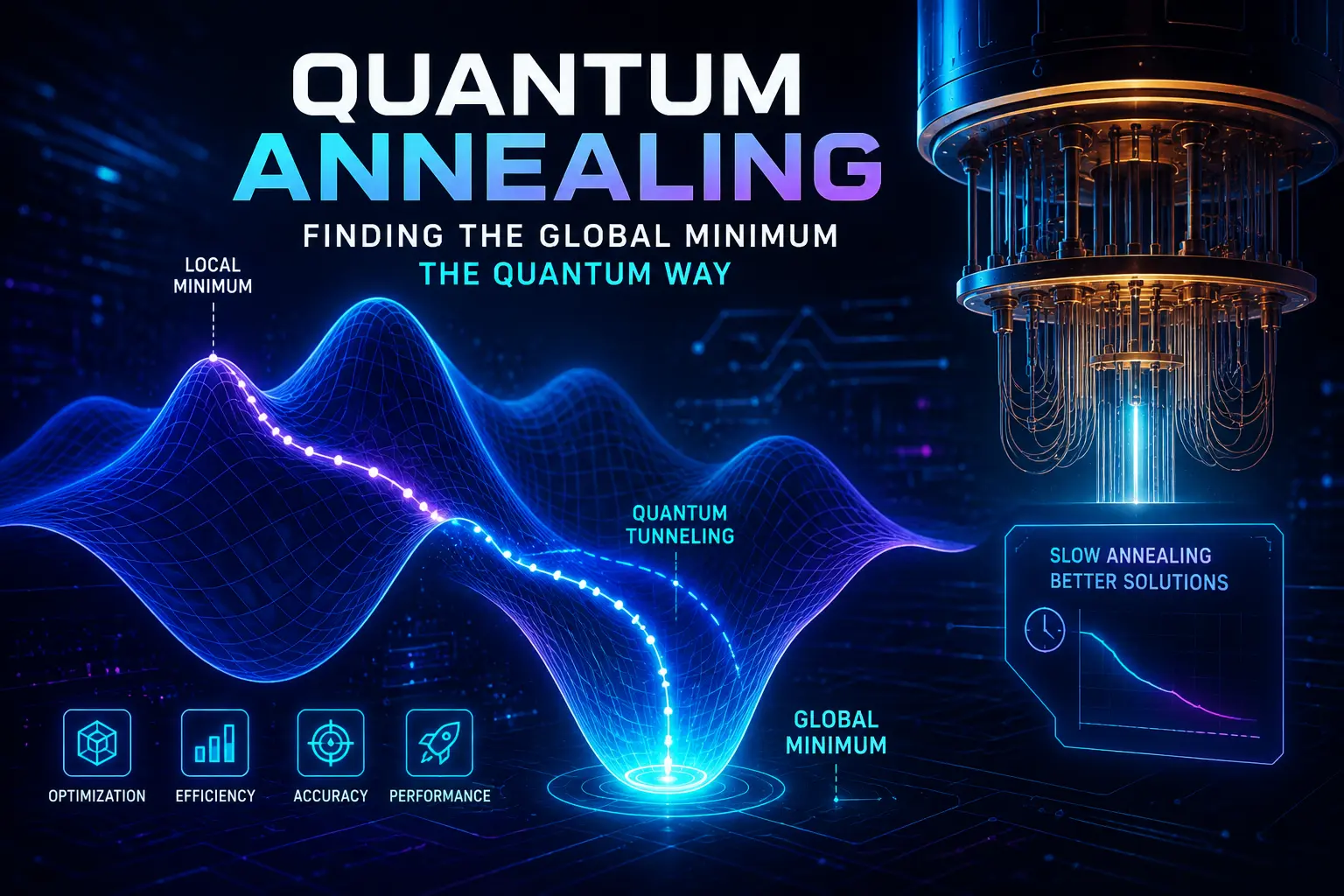 "Futuristic illustration of quantum annealing showing a quantum processor, an energy landscape with local and global minima, and quantum tunneling toward the optimal solution."