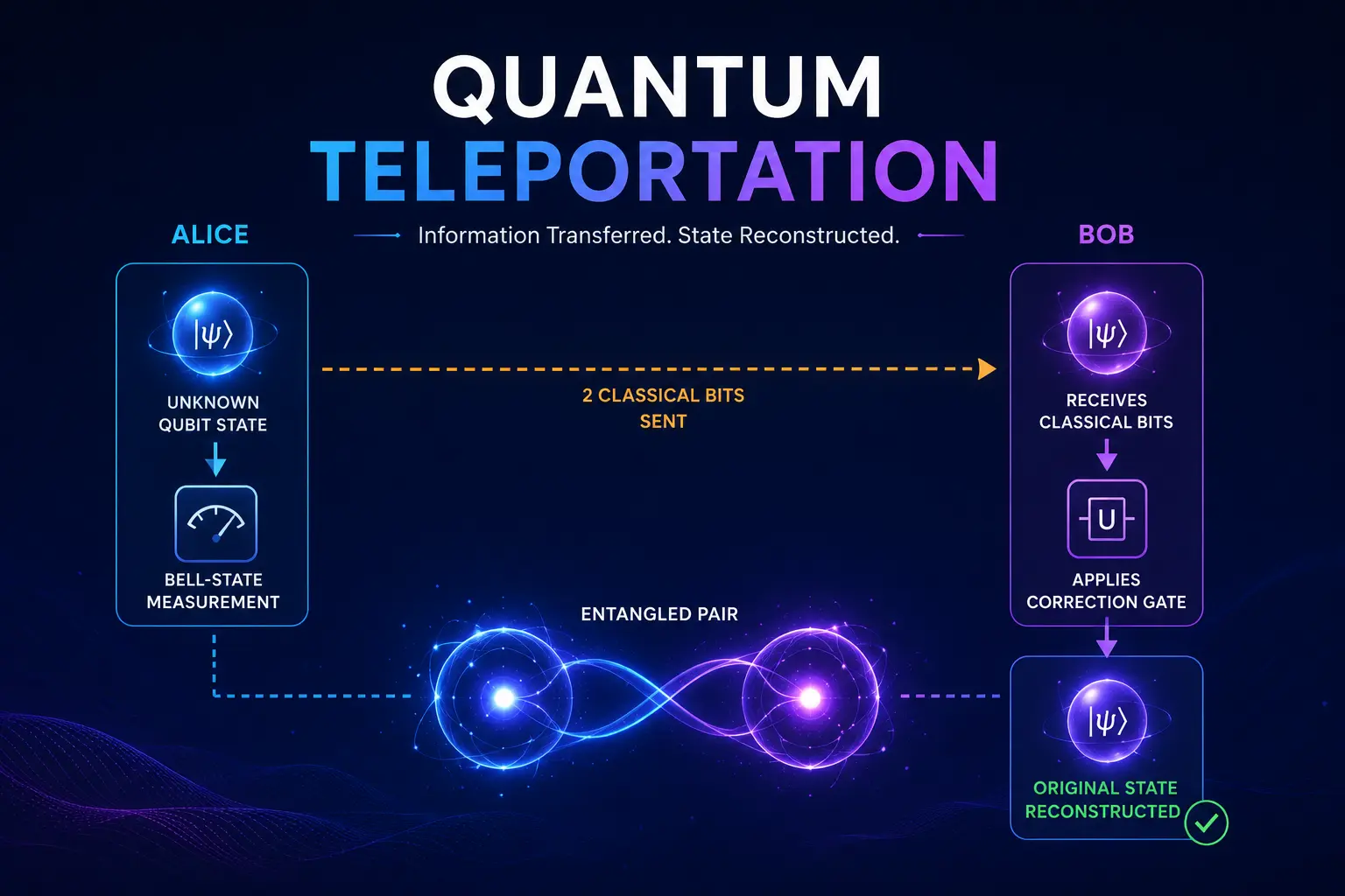 "Illustration of quantum teleportation showing Alice and Bob transferring quantum information using entanglement and classical communication to reconstruct a qubit state."